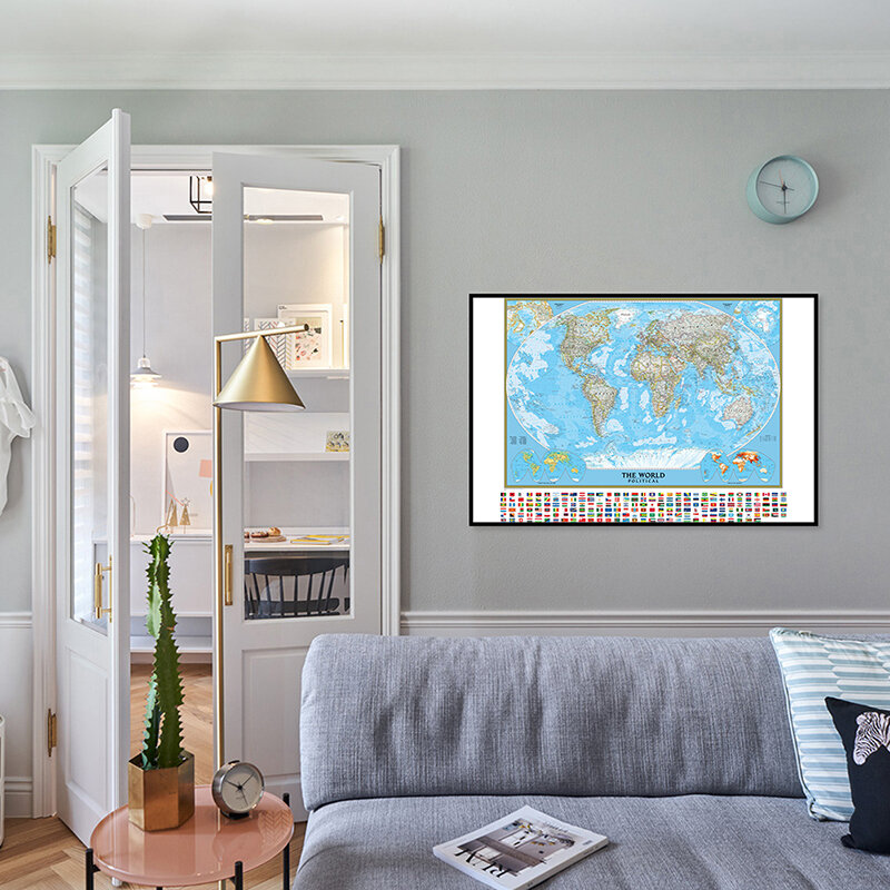 1 buah peta dunia tahan air dengan bendera negara 59x42cm Poster kecil non-tenun dekorasi lukisan gantung peta dunia pribadi