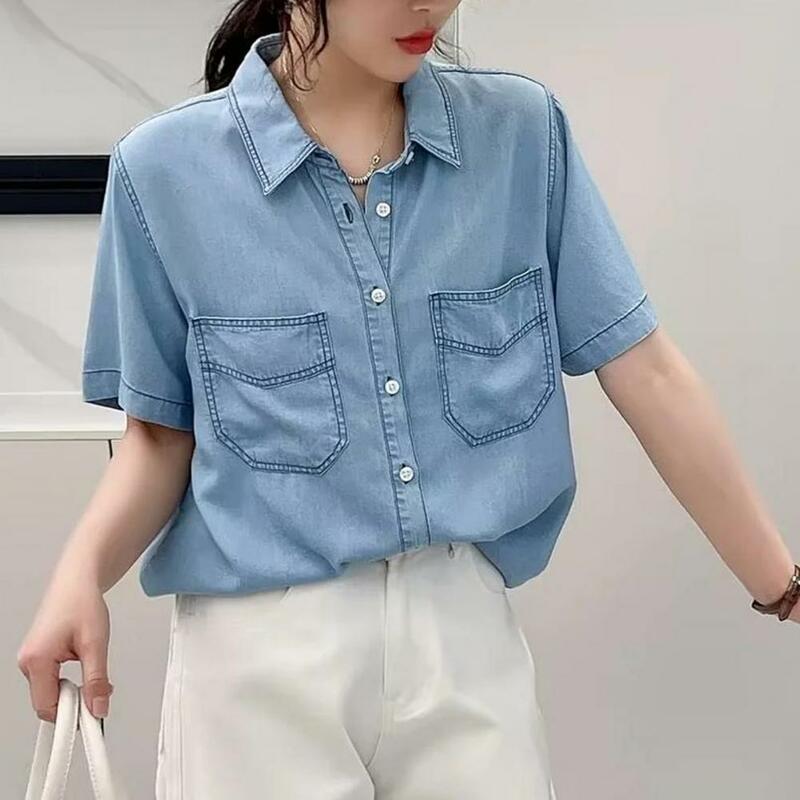 Camisa de mezclilla drapeada con bolsillos para mujer, camisa elegante, solapa de manga corta, múltiples bolsillos, Retro, botonadura única