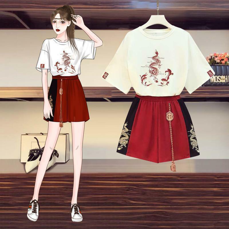 Traje Tang bordado de estilo chino para mujer, camiseta informal, pantalones de Kung Fu de pierna ancha, conjunto de ropa Oriental, Harajuku japonés, 2022