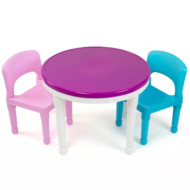 Mesa de plástico infantil e 2 cadeiras, 2 em 1, redonda, branco, azul, rosa