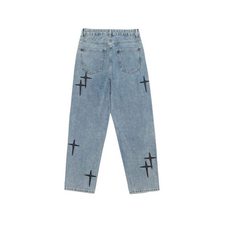 2024 Loose Solid Color Star Print Mid Waist Ankle-length Drawstring Fashion Jeans men Straight Pants with Pockets Men Clothing