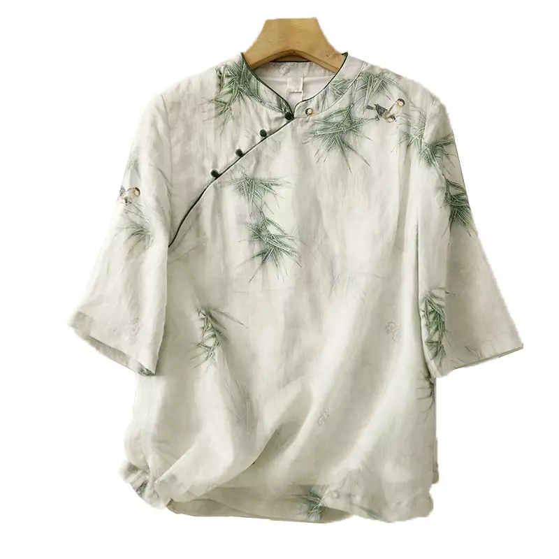 Винтажные женские рубашки, летние блузки в китайском стиле с принтом, свободные женские топы с коротким рукавом, хлопковая льняная одежда