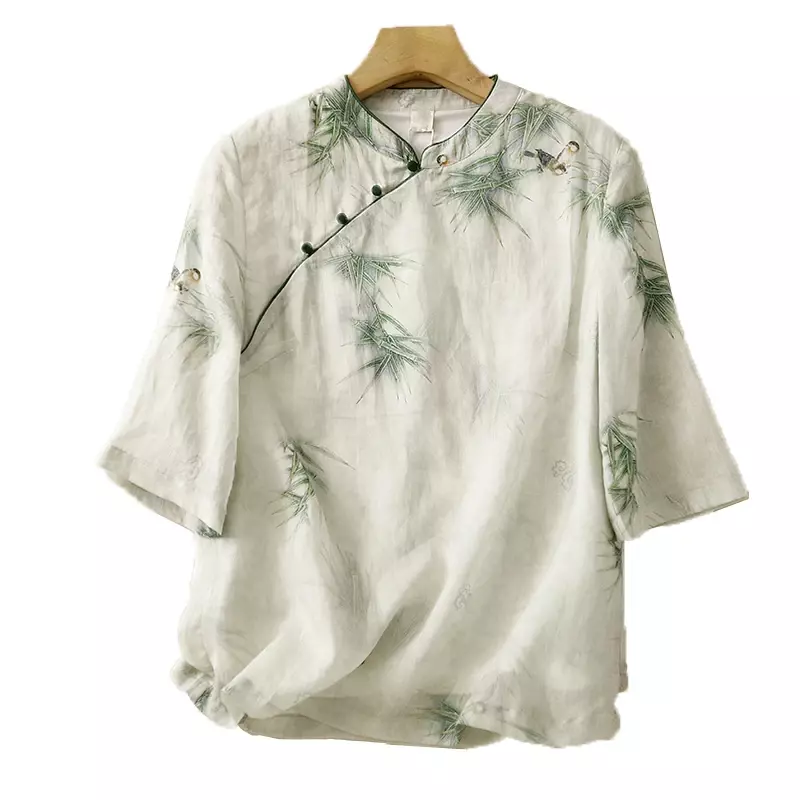 Blusa de manga curta solta vintage feminina, camisas estampadas, roupa de linho algodão, estilo chinês, verão