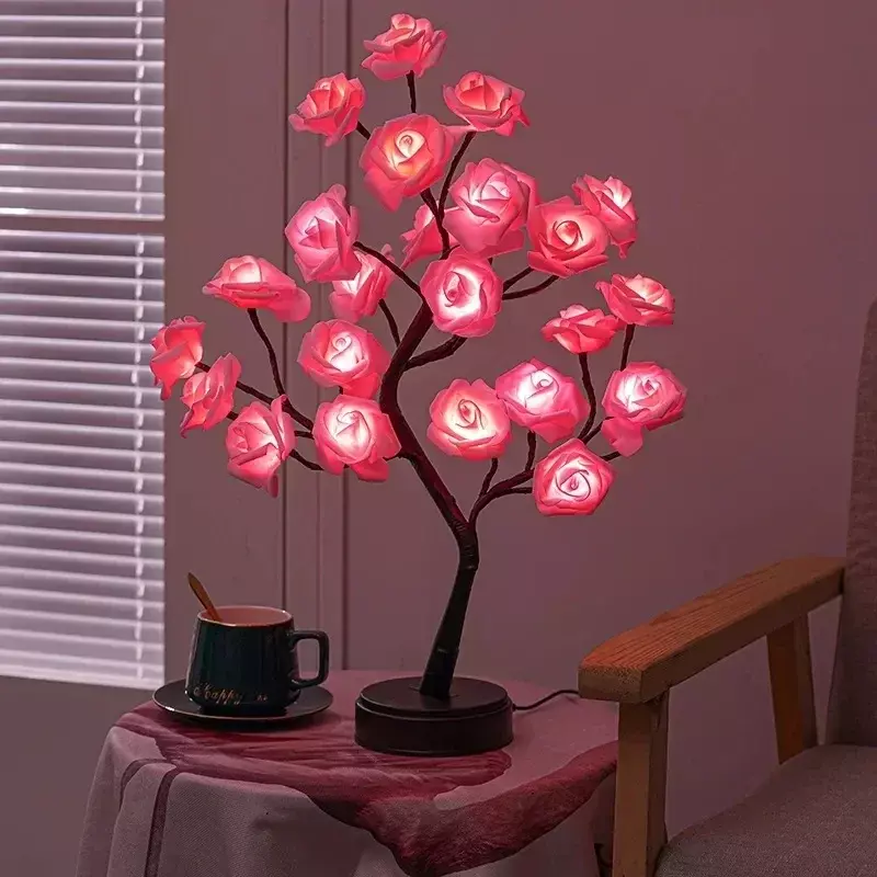 USB تعمل زهرة شجرة الجدول مصباح ، مصابيح الورد الأحمر ، الجنية مكتب أضواء الليل ، هدايا لحفل الزفاف ، عيد الحب ، زينة عيد الميلاد