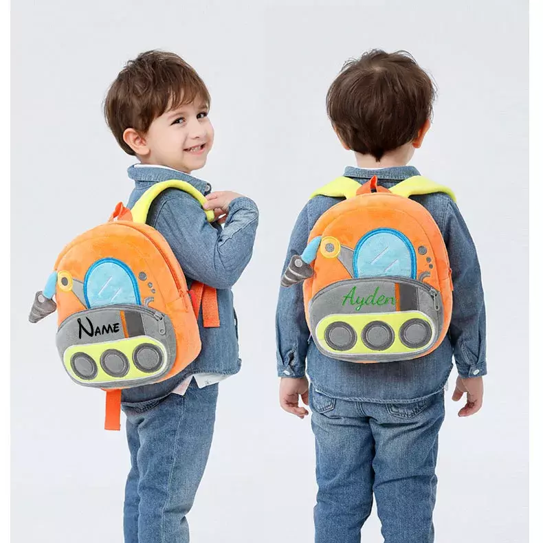 Personalised Text Kids Cartoon Car Backpack Cute Sanitation Vehicle Lift Truck Plush School Bags Boys Girls Lightweight Backpack