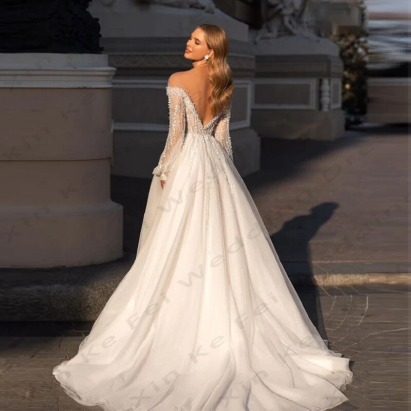 Элегантные женские свадебные платья а-силуэта с длинными рукавами, кружевными бусинами, сексуальные свадебные платья принцессы с открытой спиной, официальное пляжное платье 2024