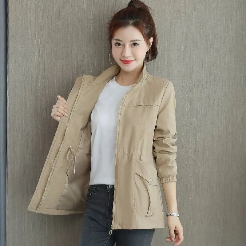 2024 New Korean Women Trench Coats Casual Lapel Drawstring Windbreake Spring Loose Gabardina Khaki Mid-length Jacket Abrigos