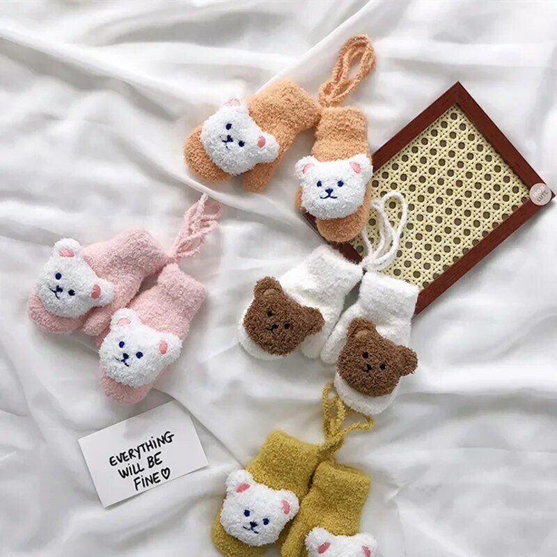 Winter Warm Kids Gloves with Cartoon Doll Bear Kawaii Cute Winter Accessories for Kids Toddler Boy Girl