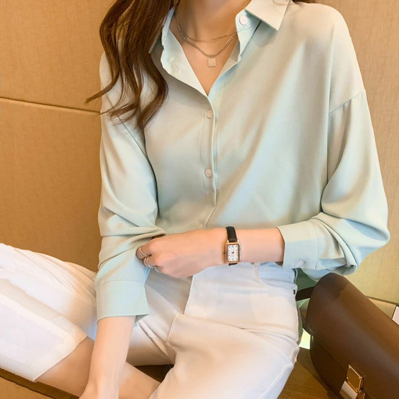 المرأة الكورية البساطة قميص شيفون فضفاض ، أحادية اللون ، بولو الرقبة ، قمصان طويلة الأكمام ، ملابس غير رسمية ، أعلى سيدة مكتب ، الربيع