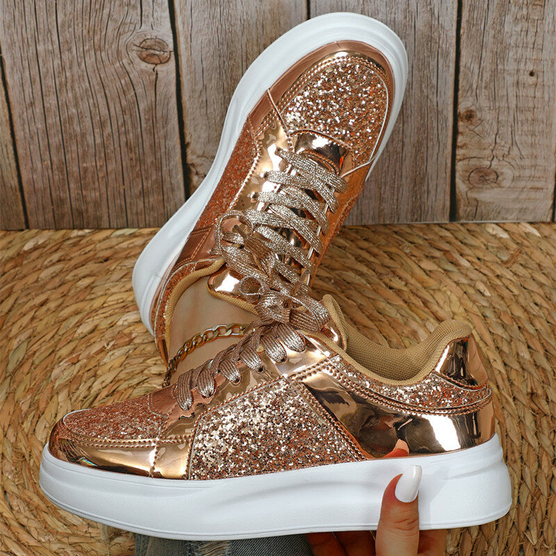 STRONGSHEN-Sapatilhas de plataforma com brilho feminino, sapatilhas de casal, sapatos de caminhada prateados, tênis, unissex, moda casual
