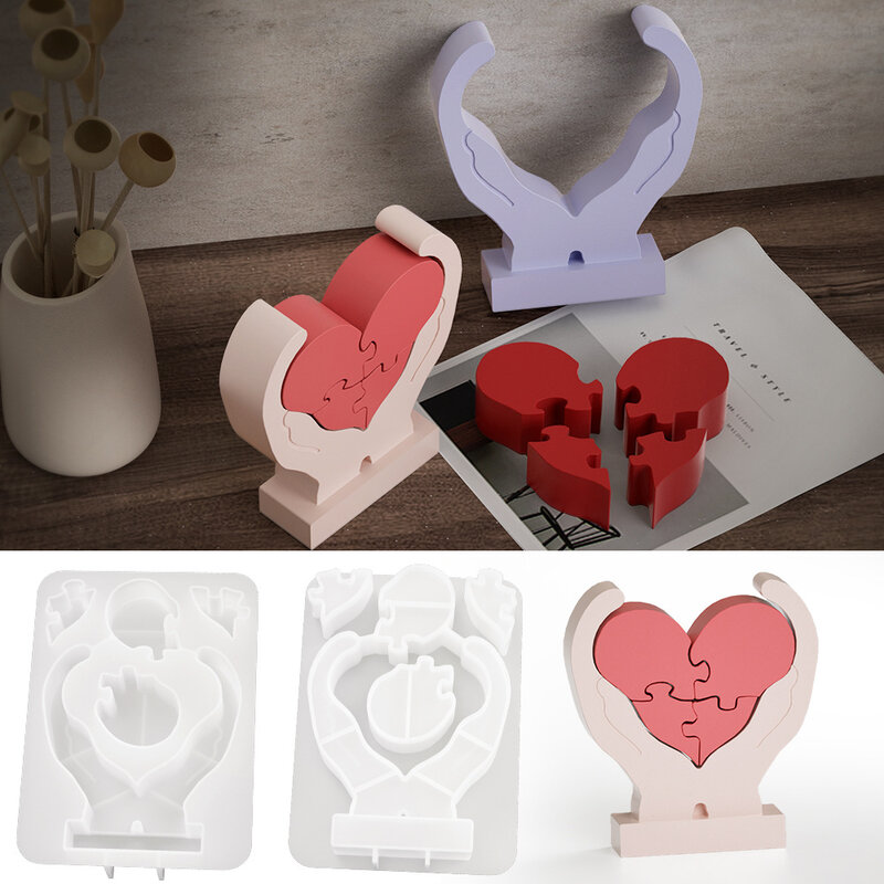 Crystal Epoxy Resin Hands Holding Heart Puzzle Mold Diy Candle Plaster Valentine's Day Table Setting Silicone Molds