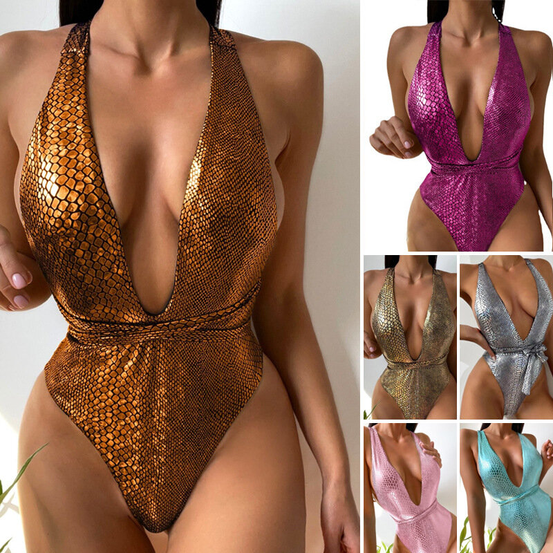 2024 New Europe and America solid color one-piece swimsuit solid color tight backless women's ins wind swimsuit bikini