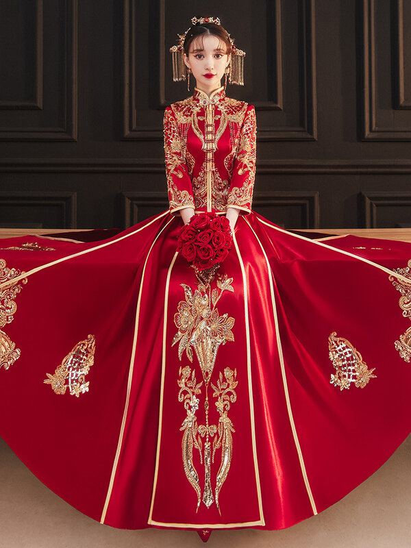 Braut Mandarin Kragen Cheongsam Chinesischen Stil Oriental Roten Phoenix Stickerei Kostüm Vintage Hochzeit Kleid костюм для восточных