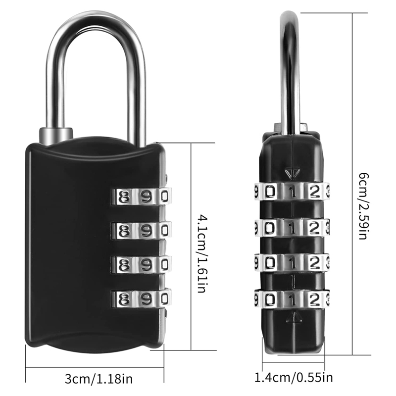 Kunci kombinasi, kunci 4 Digit dengan kunci kode logam, tahan cuaca, kunci koper, kunci kombinasi untuk loker, Gym hitam