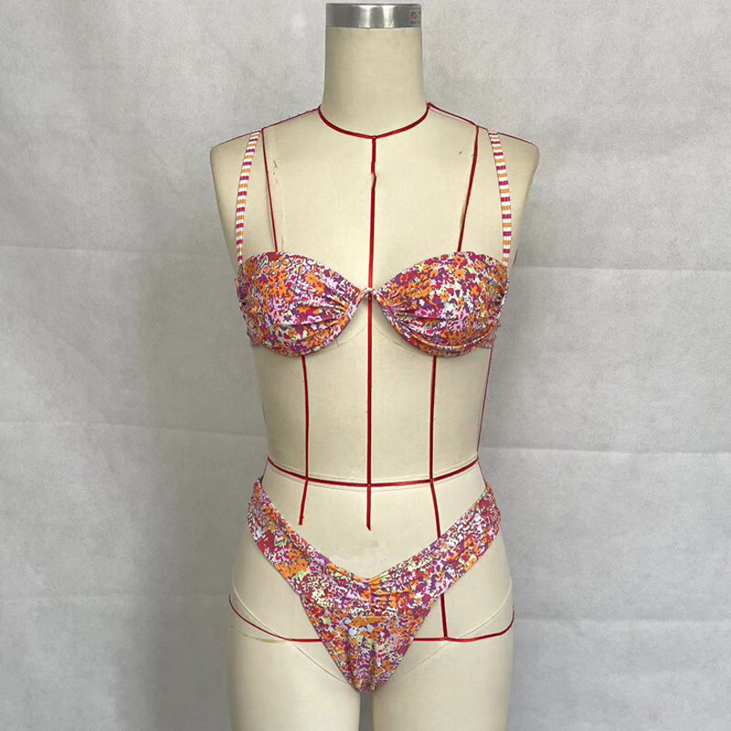 BEACHCICI-Biquíni feminino sexy com estampa floral, maiô de praia, cintura alta, plissado com renda, sem costas, suspensor, verão, 2 set