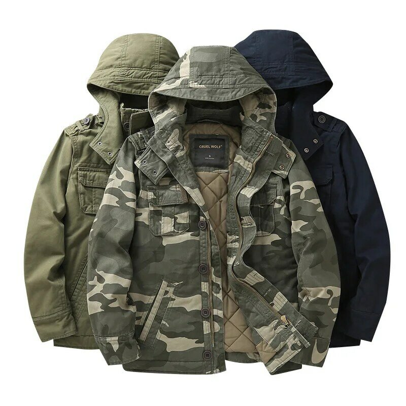 Autumn Winter Thicken Warm Camouflage Cotton Padded Jacket with Hooded Multiple Pockets Workwear Thermal Coats Outdoor for Men