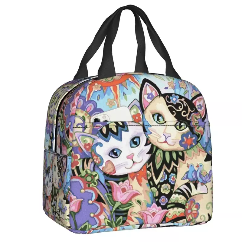 Ланчбокс с изображением цветов и кошек, герметичный термоохладитель для еды, изолированная сумка для обедов для детей, школьная сумка-тоут для работы и пикника, многоразовые