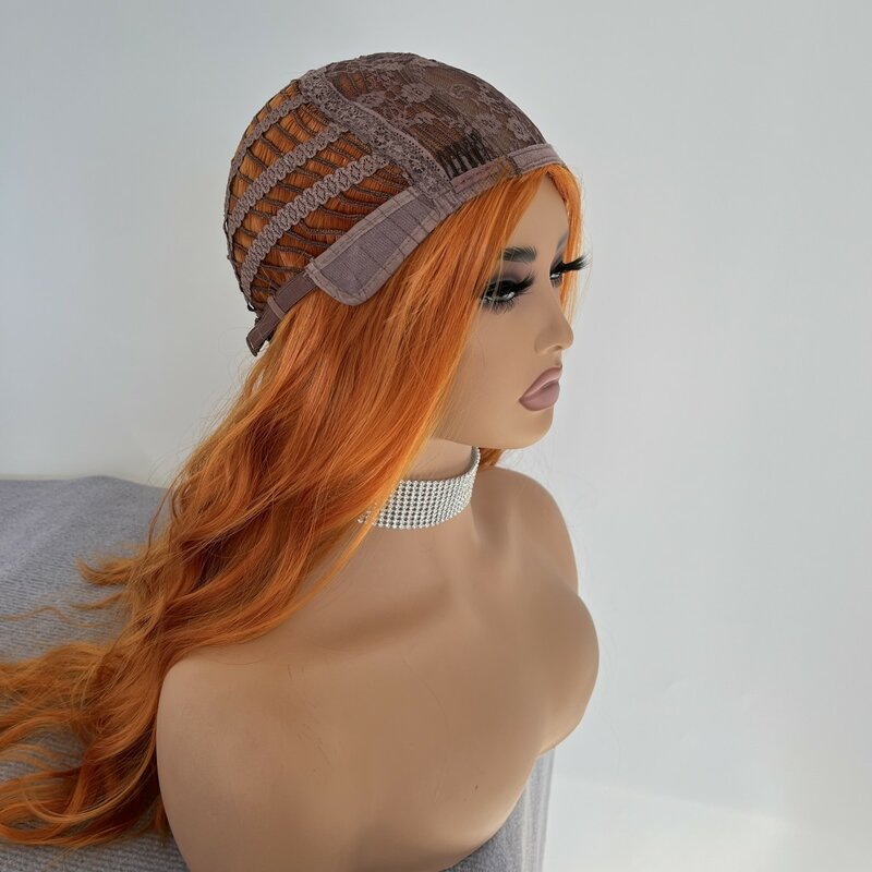 Wig sintetis kepala penuh wanita, rambut Cosplay sintetis tahan panas, Wig kepala penuh, oranye, pakaian sehari-hari panjang