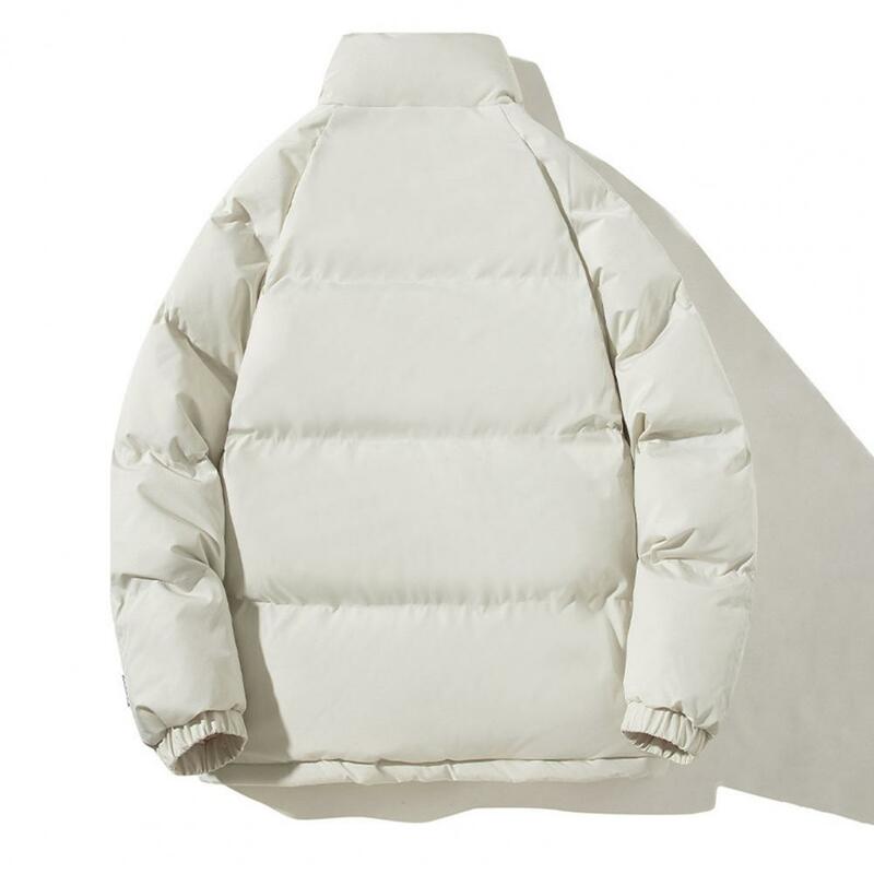 Casaco de algodão manga longa masculino com gola, proteção para pescoço espesso, fecho de zíper, monocromático, inverno