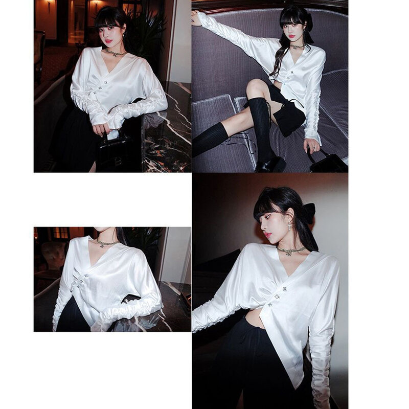 Elegante Sexy Vrouw Blouse Shirt 2024 Onregelmatig Ontwerp V-Hals Crop Tops Dames Zijden Plooien Lange Mouwen Chique Harajuku Shirts Blusa
