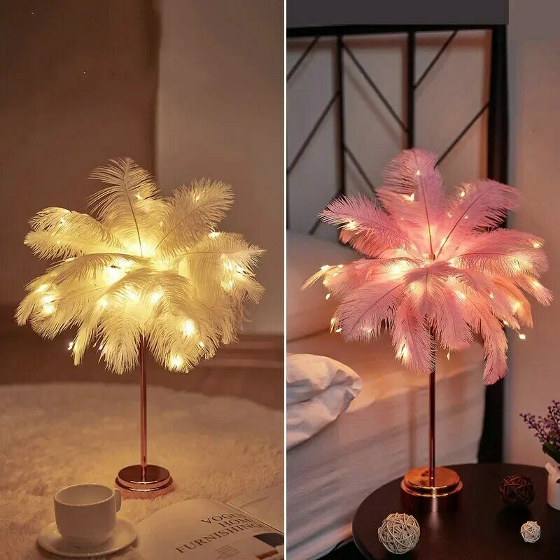 Lámpara de mesa de plumas, luz LED de noche para dormitorio, lámpara de mesita de noche con forma de corazón para niña, decoración moderna para boda, linterna pequeña, regalo festivo