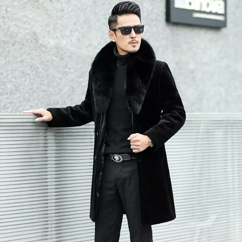 Ayunsue 2021 inverno nova ovelha shearling casaco de pele dos homens roupas masculinas longo gola de pele de raposa pele um casaco engrossar outerwear