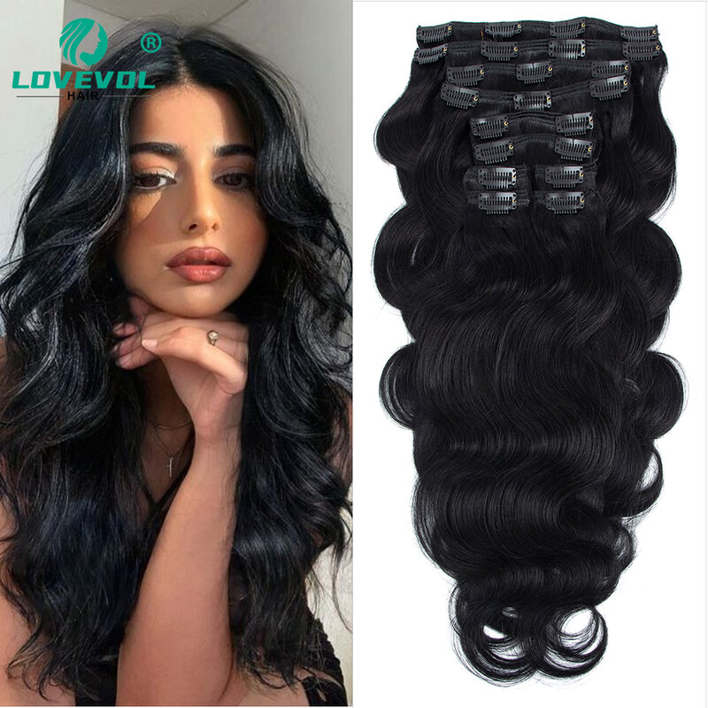 Lovevol 160G Full Head Clip Hair Extensions Europese Machine Remy Haarstukken 100% Echt Natuurlijk Menselijk Haar Clip In Zwart Golvend