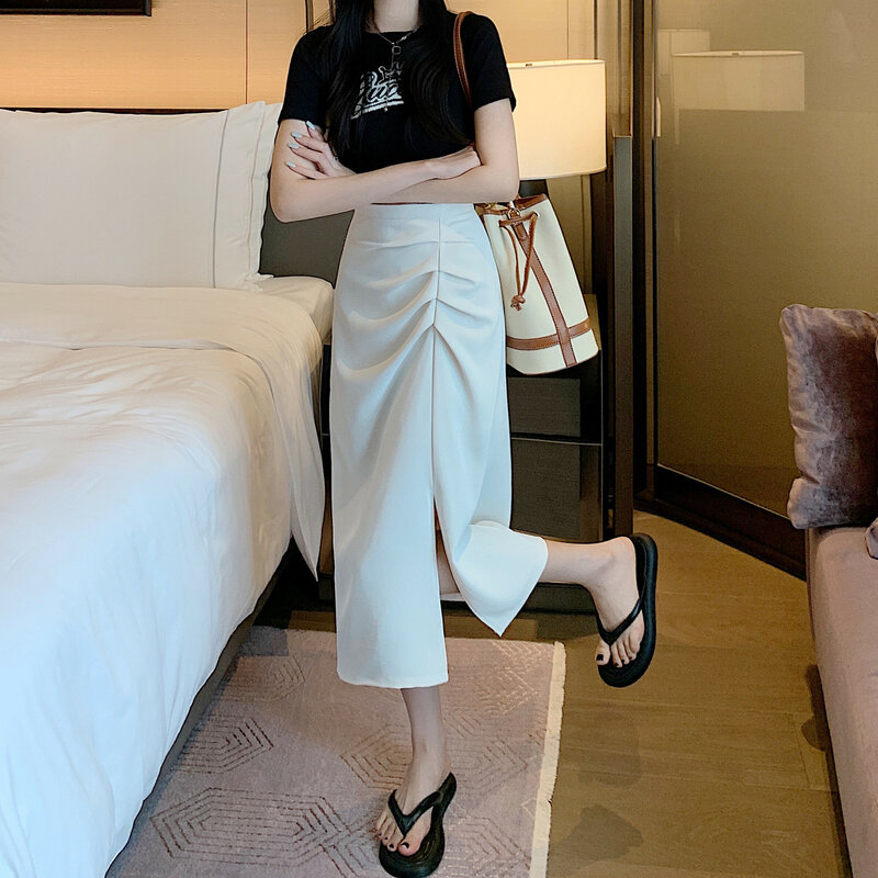 Юбка женская до середины икры, дизайнерская однотонная простая элегантная повседневная стильная юбка со складками и высокой талией, с разрезом сбоку, в Корейском стиле, 4XL