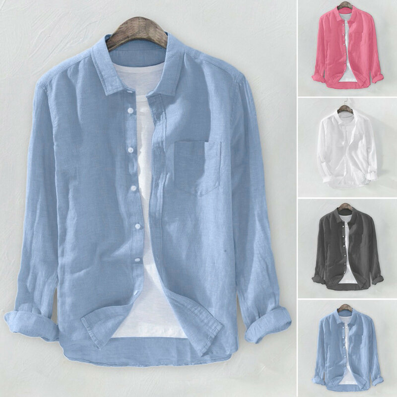 Blusa masculina de botão manga comprida de linho algodão, camisas masculinas plus size, tops de verão com bolsos, folgados, monocromáticos, moda fresca
