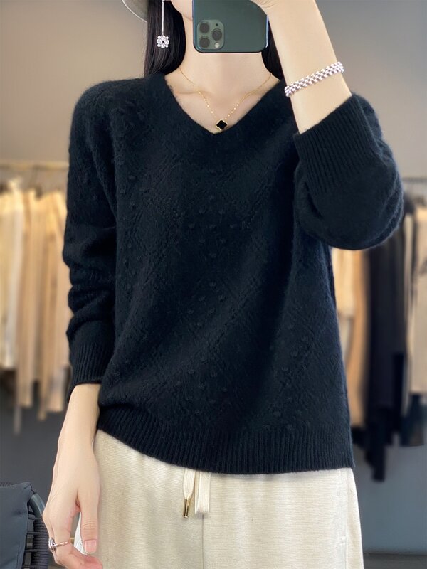 Aliselect-suéter de lana merina para mujer, Jersey de punto con cuello en V, manga larga, ropa con patrón hueco, primavera y otoño, 100%