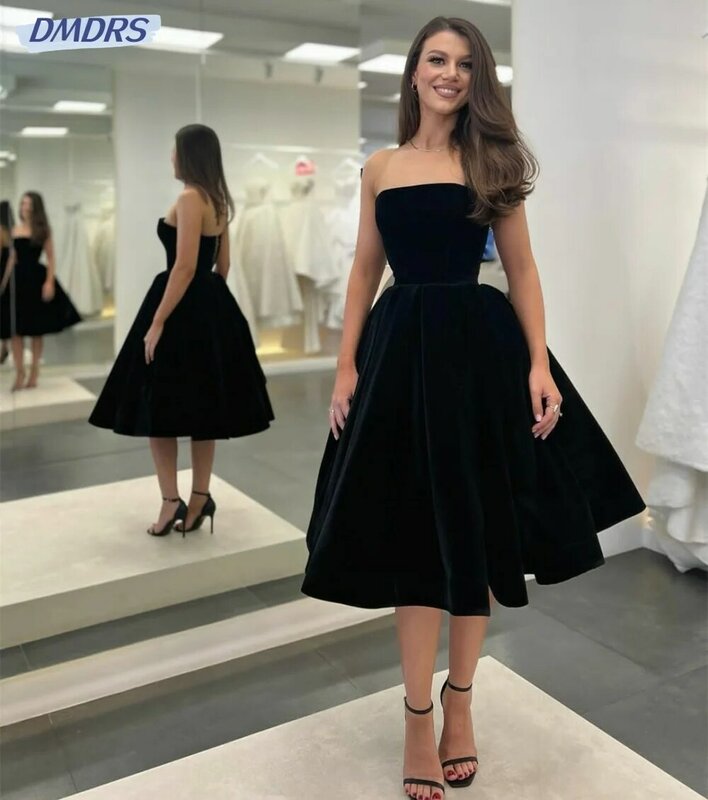 Vestidos curtos elegantes de veludo preto, vestido sem alças na altura do joelho, vestido de festa formal, moderno