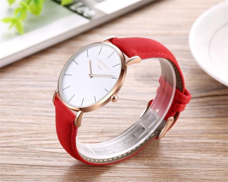 As mulheres assistem simples Dial moda costura Chronos lado pulseira de couro minimalista vermelho rosa senhoras quartzo relógio de pulso CH02