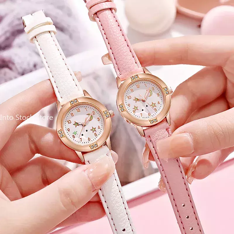 นาฬิกาผู้หญิงหญิงสาวสำหรับเด็กน่ารักลำลองดวงดวงจันทร์เรืองแสงสำหรับผู้หญิง, ใหม่นาฬิกาข้อมือสตรีหนังนาฬิกาควอทซ์ montre Femme