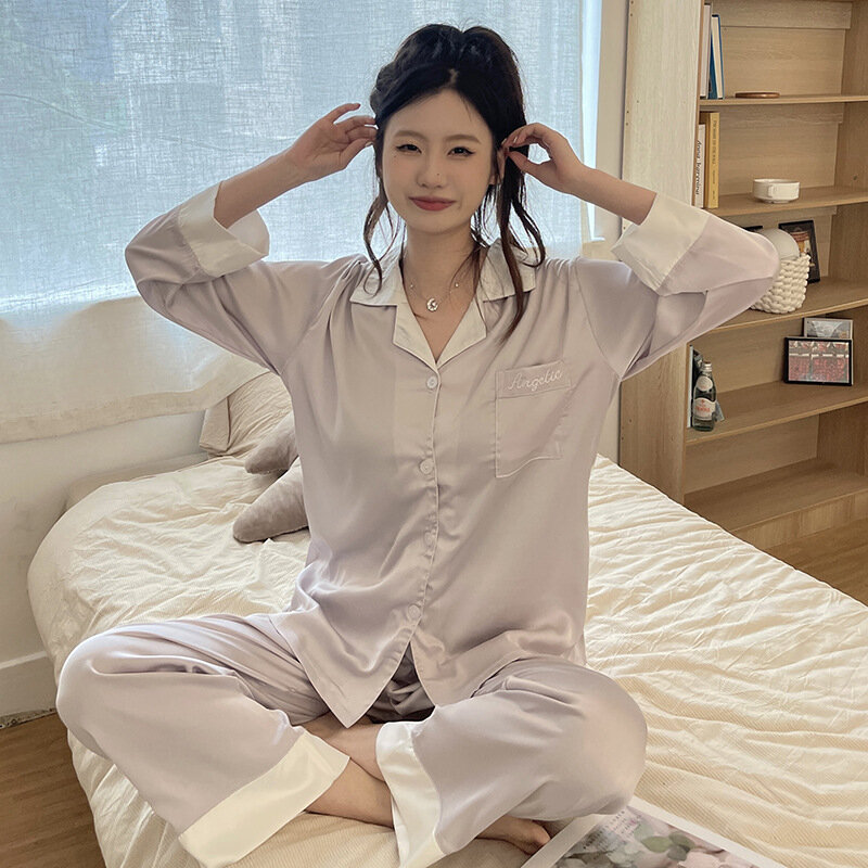 Women's 2 Piece Pajamas Sets Solid Pijama Faux Silk Satin Lapel Pyjama Female Sleepwear Long Sleeve Shirt Pants Homewear Suit