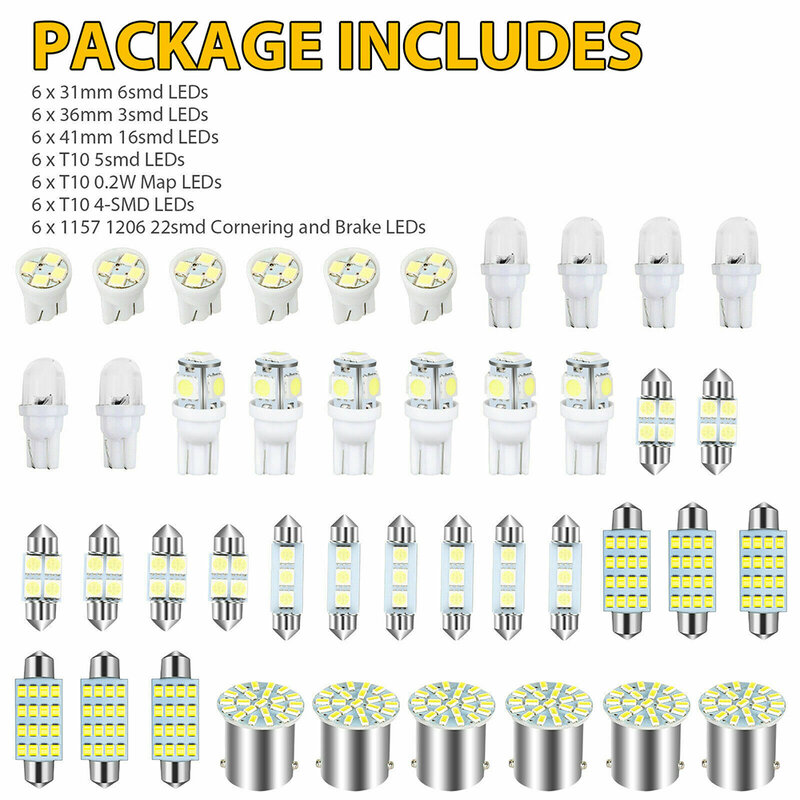 42pcs LED 1157 T10 31/36/41mm Car Interior Map Dome License Plate Lamp Replacement Trunk Footwell Light Kit White Accessories