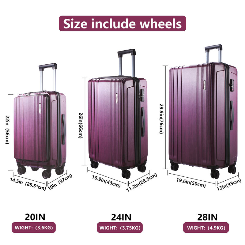 Luggage Set 3 Piece 21/24/28 Front Laptop Pocket&Expandable ABS+PC Lightweight Hardshell Suitcase Spinner Wheels TSA Lock Red