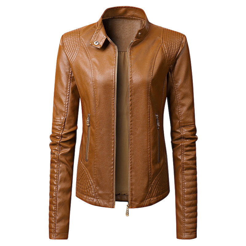 2024 Ladies New PU Leather women's Stand Collar Fashion Casual Leather Jacket