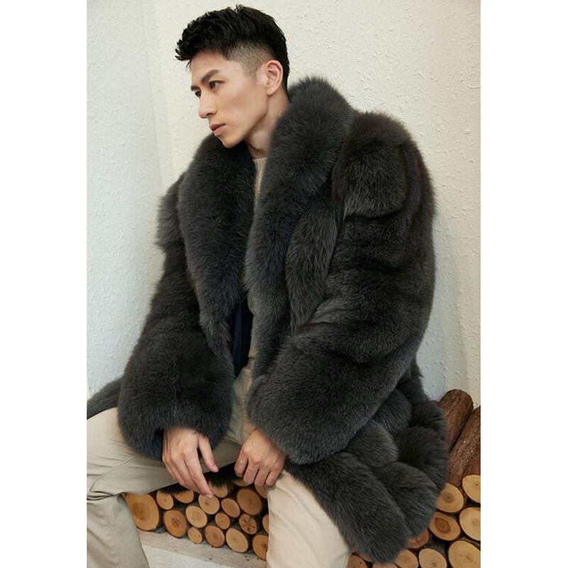 Denny & dora casaco de pele de raposa de luxo para homem inverno casacos quentes comprimento médio lapela design importado raposa finlandesa