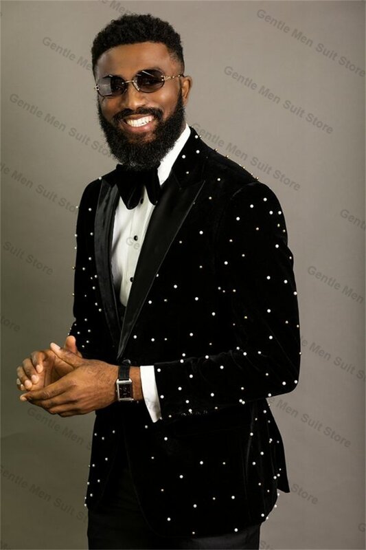Perle di velluto abiti da uomo Set 3 pezzi Blazer + gilet + pantaloni giacca nera su misura tappeto rosso di lusso Prom Groom Wedding smoking Coat