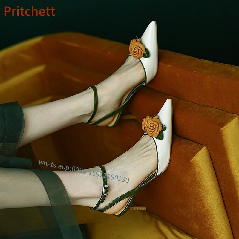 Flower Thin Heels Pointy Toe Pumps Buckle Strap Slingback Shoes Shallow Cowhide Wood Grain Vocation Pumps Summer Sweet Girl