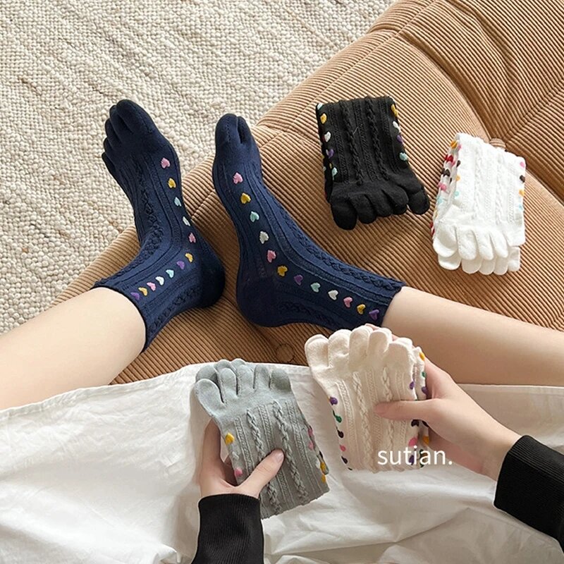 5 Finger Socks Women Girl Cotton 3D Jacquard Vintage Cute Love Colorful Soft Elastic Sweat-Absorbing Toe Happy Socks 4 Seasons