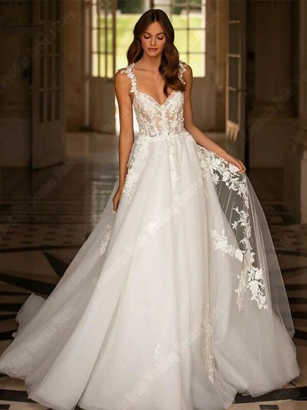 Wykwintne suknie ślubne w stylu A dla kobiet jasne tiulowe suknie ślubne bez rękawów księżniczka Vestidos De Novias 2024