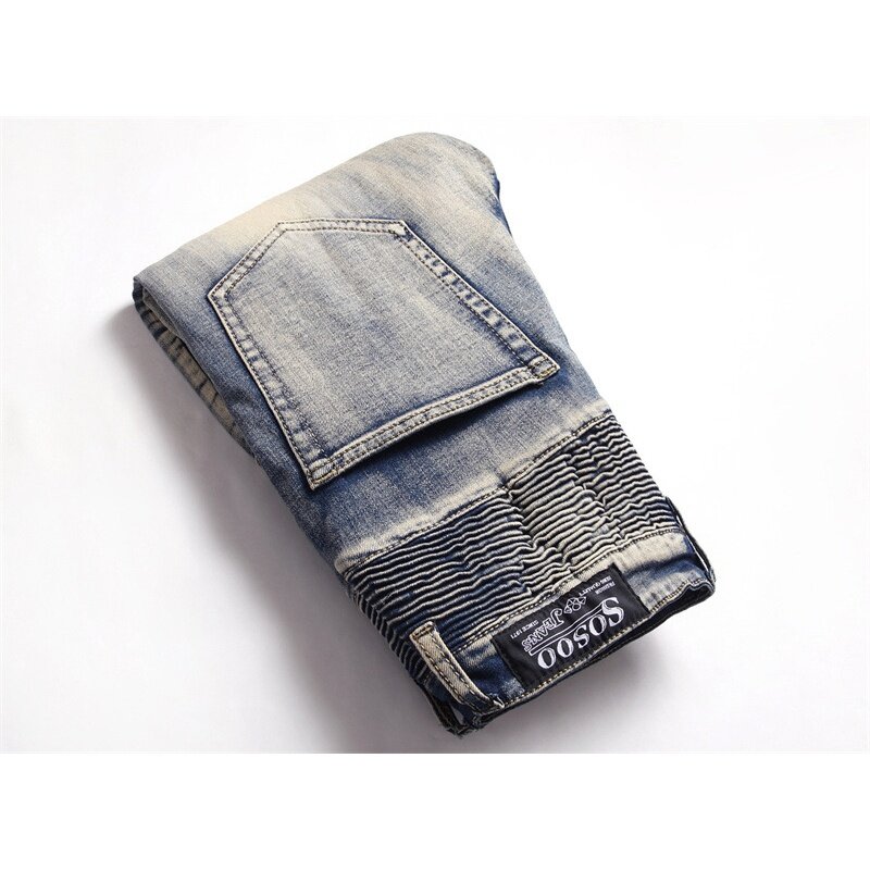 Jeans da moto Vintage pieghettati da uomo con cuciture antigraffio tasca con cerniera pantaloni alla moda lavati da strada alla moda