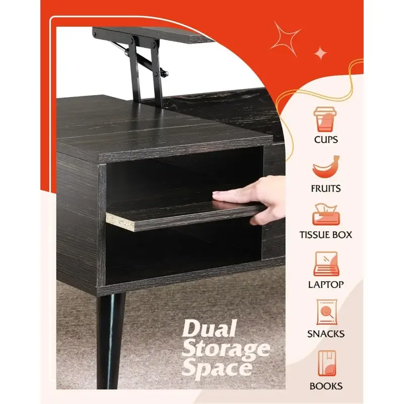 Mesa de centro de madera con compartimento oculto, estante de almacenamiento ajustable, mesa de comedor negra
