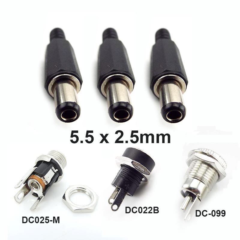 5Pairs 12V 5.5 x 2.5mm Plastic Male Plugs DC Power Socket Female Jack Screw Nut Panel Mount Connector Adapter