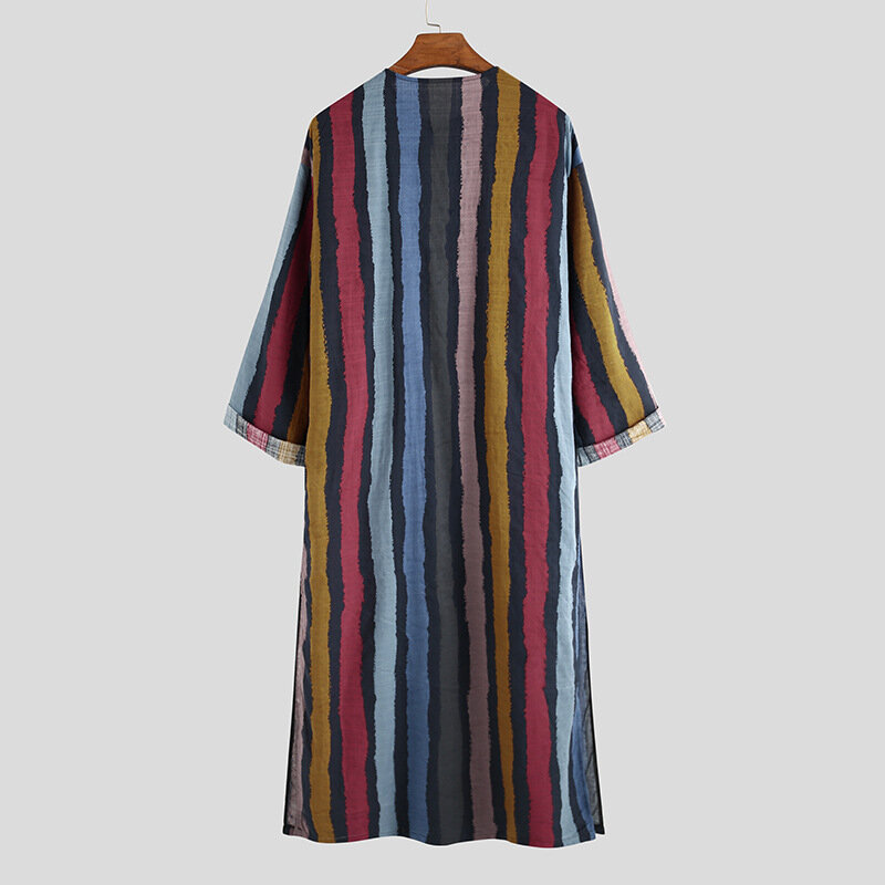 Men's Muslim Robes Striped Print Long Sleeve Cotton Pockets Robes Casual Vintage Islamic Arab Kaftan