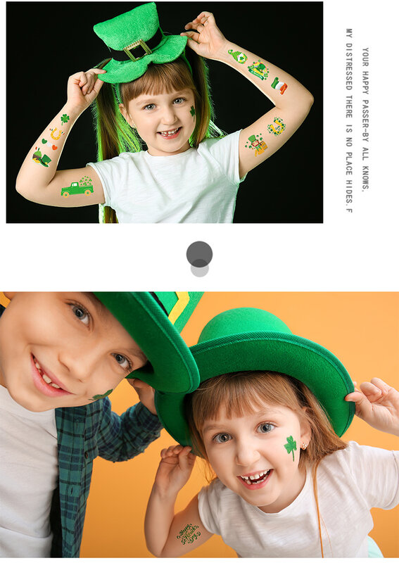 10pcs St Patricks Day Tattoo Sticker Clover Green hat Temporary Tattoo Stickers Baby Shower Kids Body Makeup Sticker Tattoos