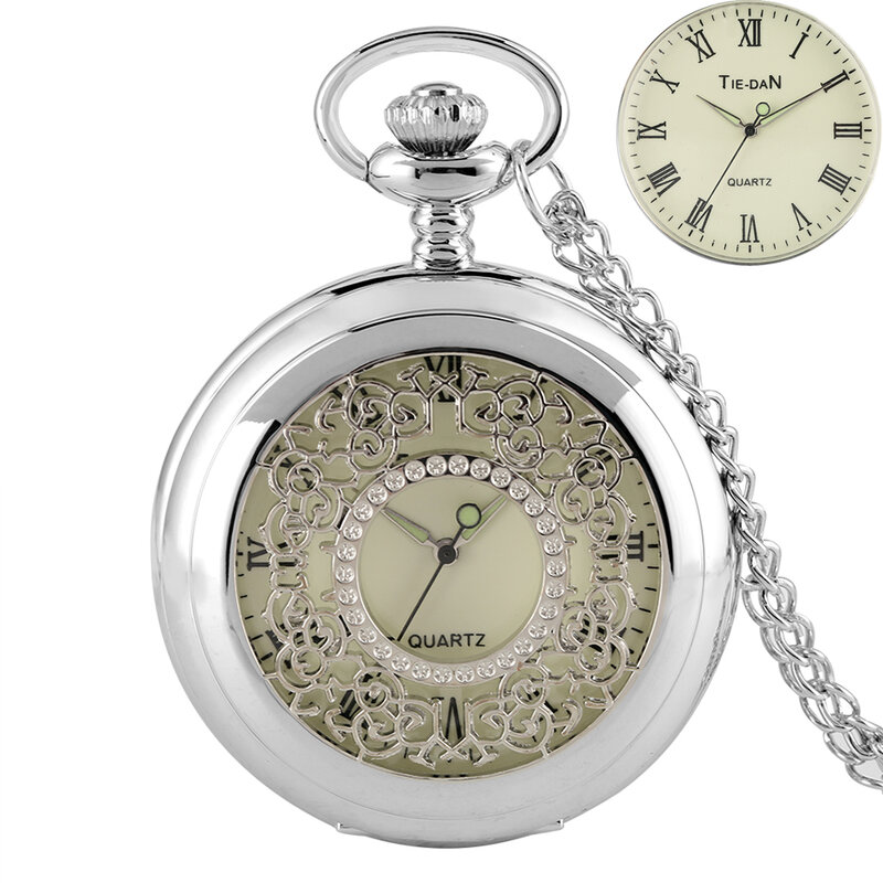 Elegante reloj de bolsillo de cuarzo con diseño de plata, reloj de bolsillo con números romanos Steampunk, luminoso, analógico, flores, cadena FOB