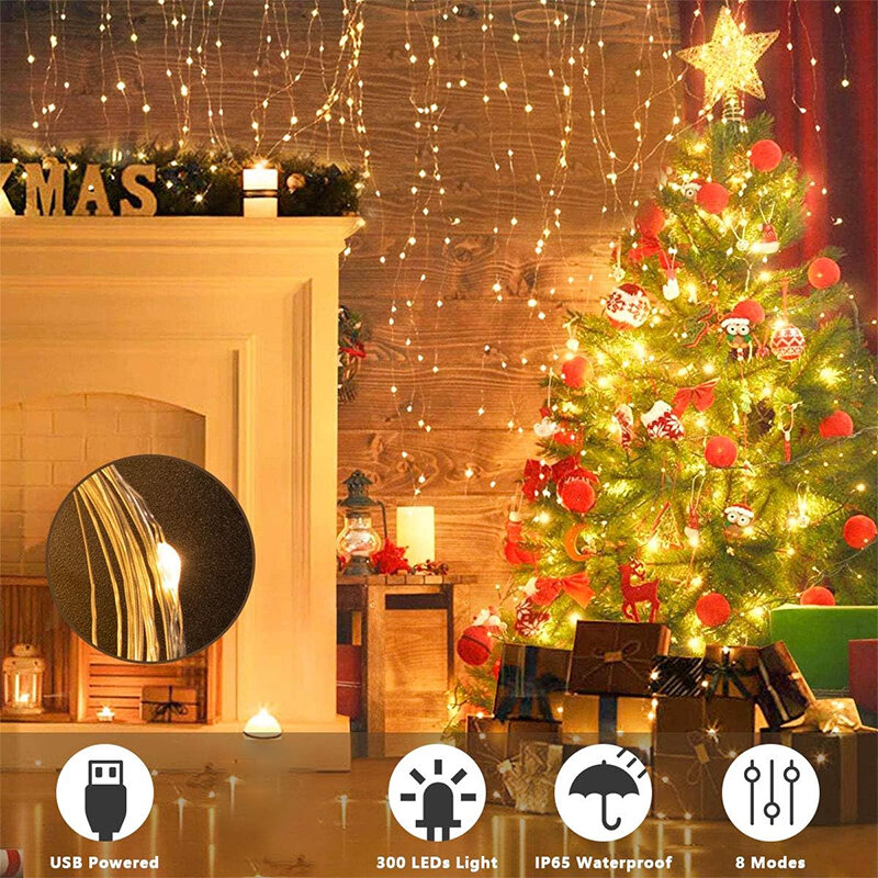 Guirxiété lumineuse LED USB pour la maison et le jardin, décoration de vacances dégradée, lampe de guirxiété de rideau, fête de Noël, nouvel an, mariage, 8 modes, 3m