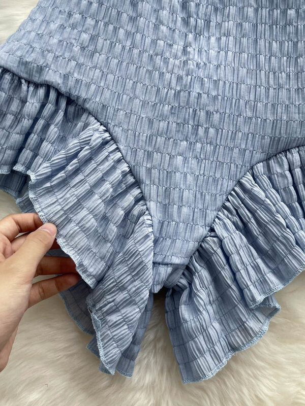ssTss Women Fashion Summer Two Piece Set 2024 Square Collar Long Sleeve Ruffles Crop Top And Elastic Waist Short Pants Suits